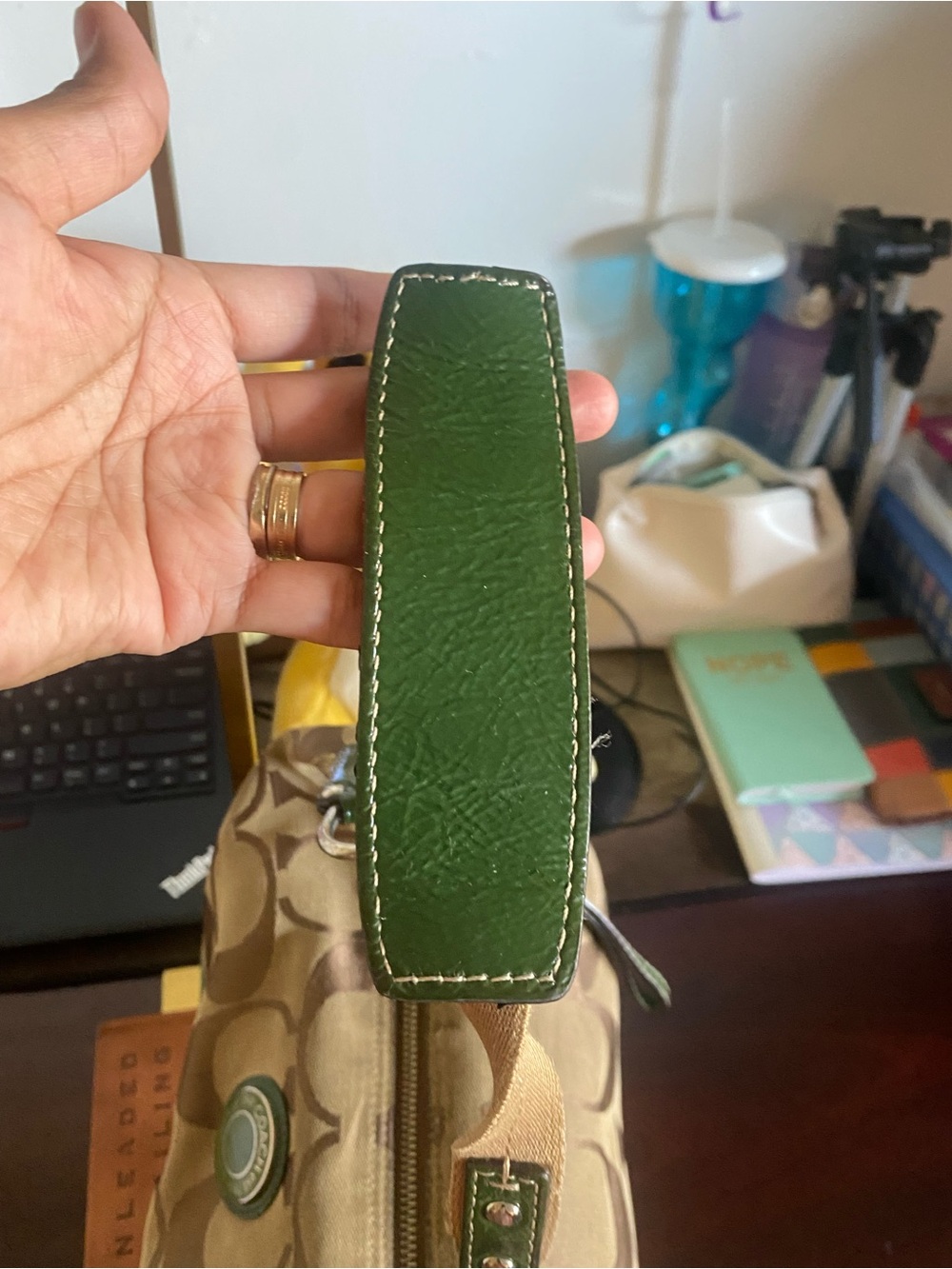 Coach Brown Signature Shoulder Bag with Green Trim - Picture 9 of 11